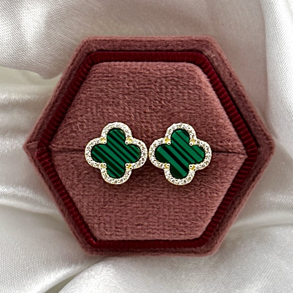 18K Gold Plated over 925 Solid Sterling Silver Clover Malachite Earrings